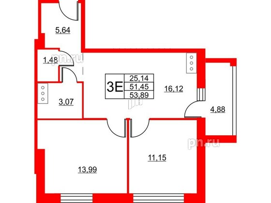 Апартаменты в ЖК Wings, 2 комнатные, 53.6 м², 2 этаж