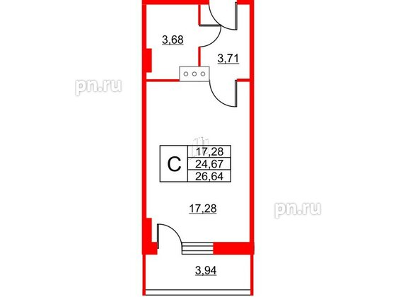 Апартаменты в ЖК Wings, студия, 26.9 м², 2 этаж