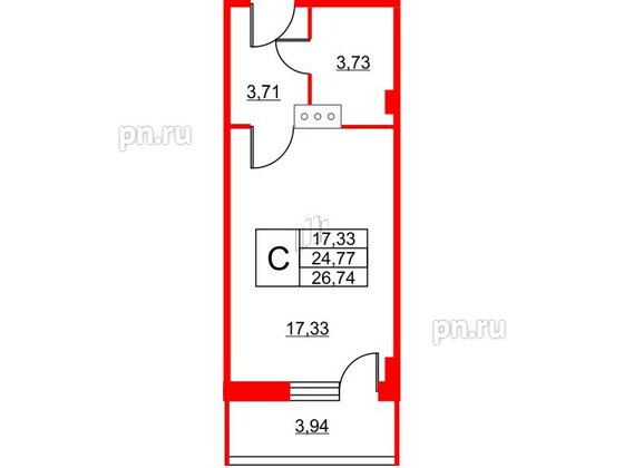 Апартаменты в ЖК Wings, студия, 27.6 м², 9 этаж