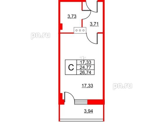 Апартаменты в ЖК Wings, студия, 27.6 м², 9 этаж