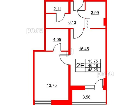 Апартаменты в ЖК Wings, 1 комнатные, 47.6 м², 2 этаж