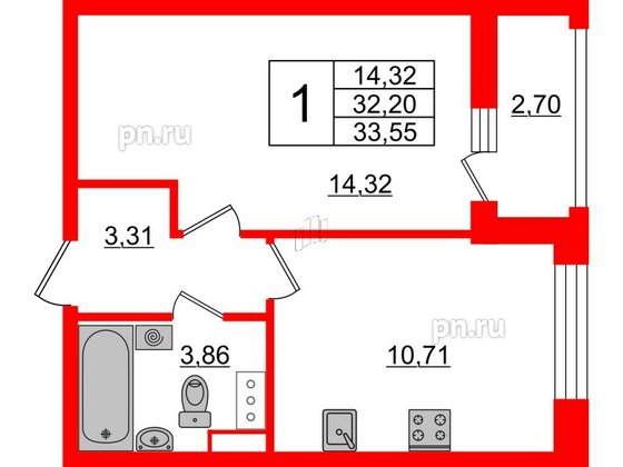 Квартира в ЖК Cube, 1 комнатная, 33.55 м², 11 этаж