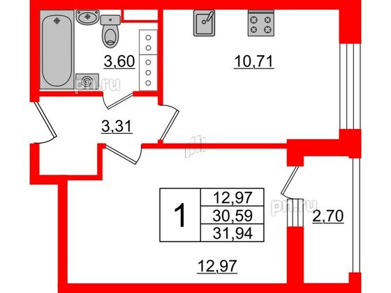 Квартира в ЖК Cube, 1 комнатная, 31.94 м², 15 этаж