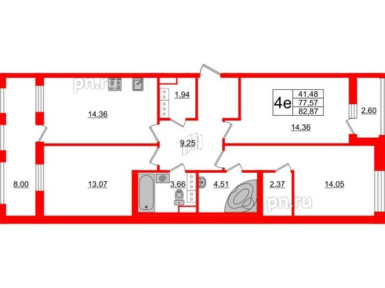 Квартира в ЖК Cube, 3 комнатная, 82.87 м², 13 этаж