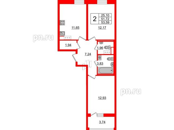 Квартира в ЖК Cube, 2 комнатная, 53.59 м², 10 этаж