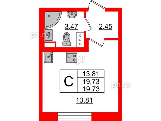 Квартира в ЖК Cube, студия, 19.73 м², 3 этаж