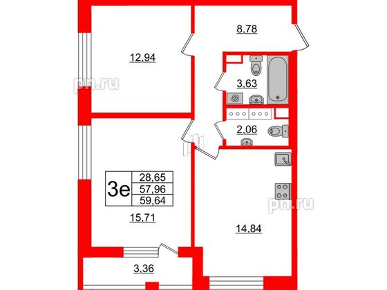 Квартира в ЖК Cube, 2 комнатная, 59.64 м², 8 этаж