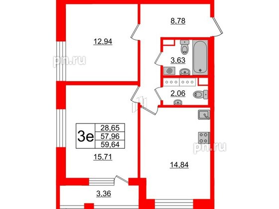 Квартира в ЖК Cube, 2 комнатная, 59.64 м², 9 этаж