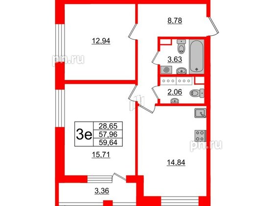 Квартира в ЖК Cube, 2 комнатная, 59.64 м², 12 этаж