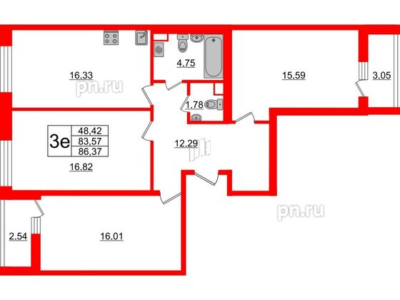 Квартира в ЖК Cube, 3 комнатная, 86.37 м², 2 этаж