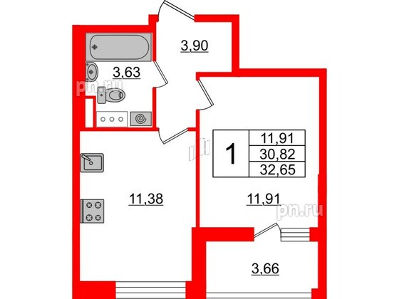 Квартира в ЖК Cube, 1 комнатная, 32.65 м², 12 этаж