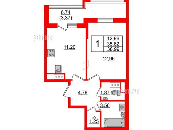 Квартира в ЖК Cube, 1 комнатная, 38.99 м², 9 этаж