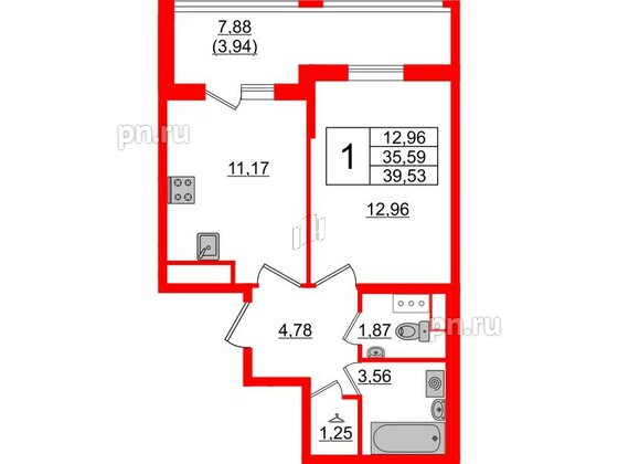 Квартира в ЖК Cube, 1 комнатная, 39.53 м², 12 этаж