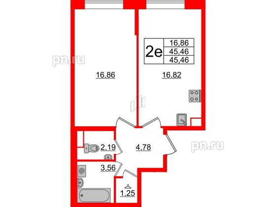 Квартира в ЖК Cube, 1 комнатная, 45.46 м², 1 этаж