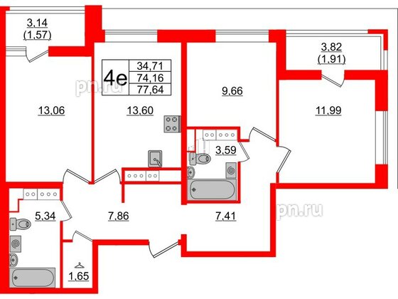 Квартира в ЖК Cube, 3 комнатная, 77.64 м², 14 этаж