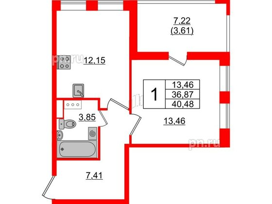 Квартира в ЖК Cube, 1 комнатная, 40.48 м², 5 этаж