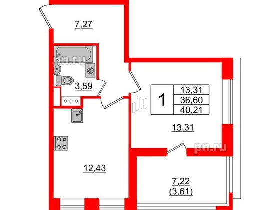 Квартира в ЖК Cube, 1 комнатная, 40.21 м², 8 этаж