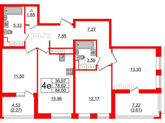 Квартира в ЖК Cube, 3 комнатная, 84.5 м², 14 этаж