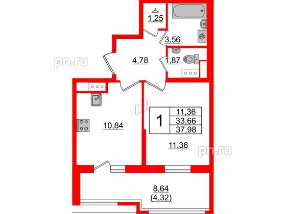 Квартира в ЖК Cube, 1 комнатная, 37.98 м², 10 этаж