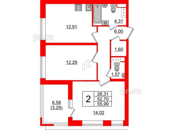 Квартира в ЖК Cube, 2 комнатная, 55.99 м², 11 этаж