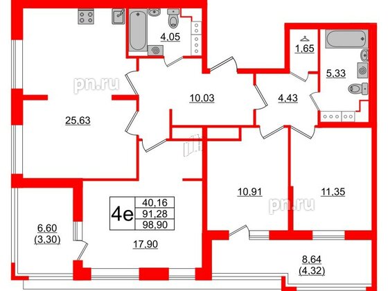 Квартира в ЖК Cube, 3 комнатная, 98.9 м², 13 этаж