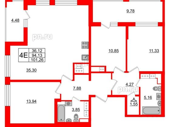 Квартира в ЖК Cube, 3 комнатная, 101.26 м², 13 этаж