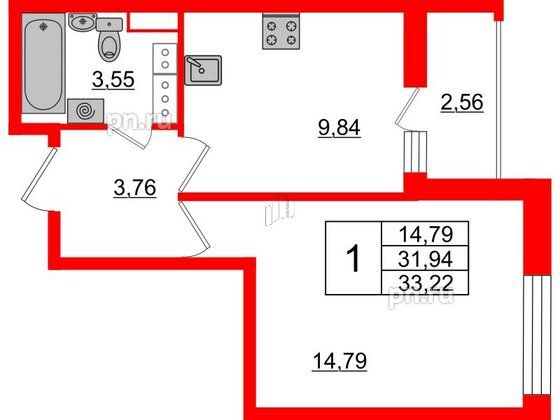 Квартира в ЖК Cube, 1 комнатная, 33.22 м², 17 этаж