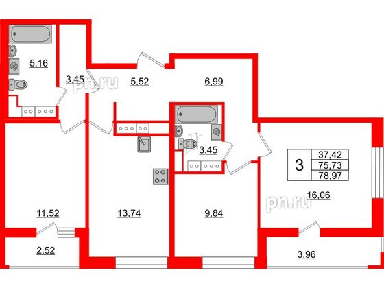 Квартира в ЖК Cube, 3 комнатная, 78.97 м², 15 этаж