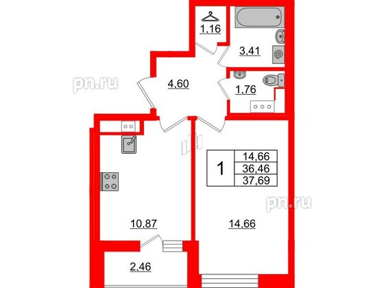 Квартира в ЖК Cube, 1 комнатная, 37.69 м², 12 этаж