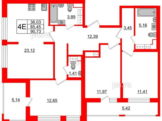 Квартира в ЖК Cube, 3 комнатная, 90.73 м², 13 этаж