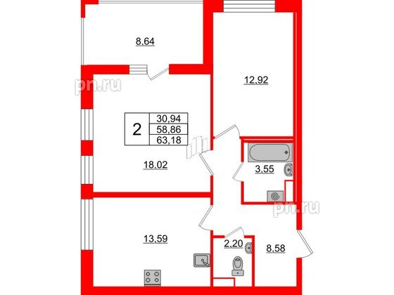 Квартира в ЖК Cube, 2 комнатная, 63.18 м², 1 этаж