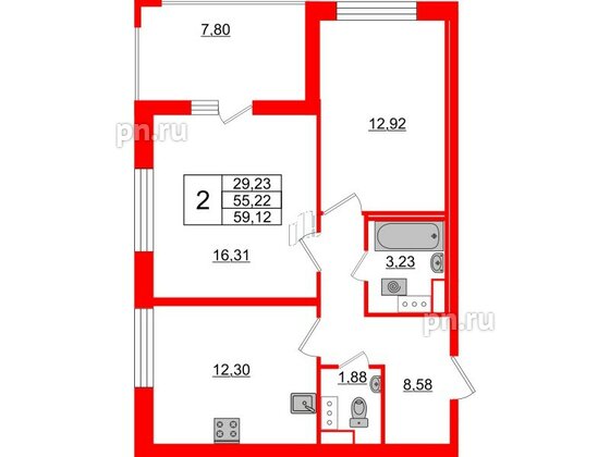 Квартира в ЖК Cube, 2 комнатная, 59.12 м², 8 этаж