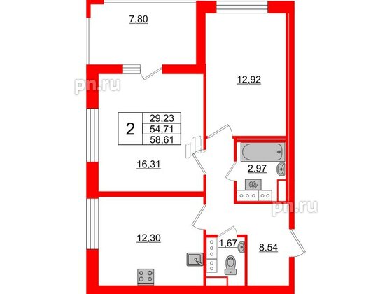 Квартира в ЖК Cube, 2 комнатная, 58.61 м², 13 этаж