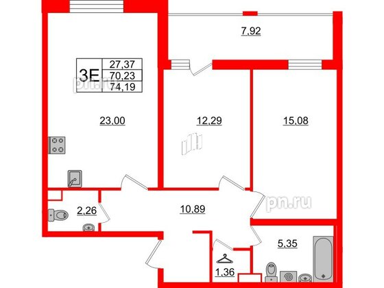 Квартира в ЖК Cube, 2 комнатная, 74.19 м², 1 этаж