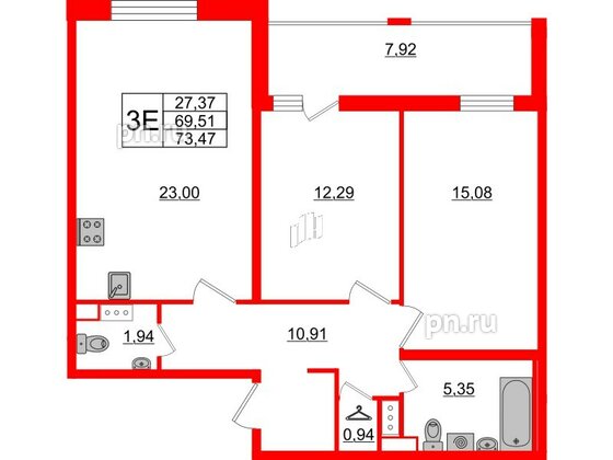 Квартира в ЖК Cube, 2 комнатная, 73.47 м², 2 этаж