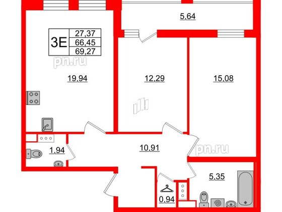 Квартира в ЖК Cube, 2 комнатная, 69.27 м², 7 этаж