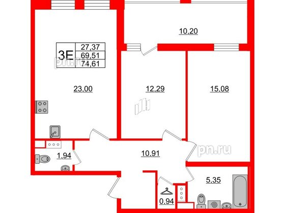 Квартира в ЖК Cube, 2 комнатная, 74.61 м², 8 этаж