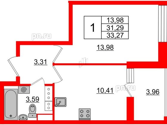 Квартира в ЖК Cube, 1 комнатная, 33.27 м², 16 этаж