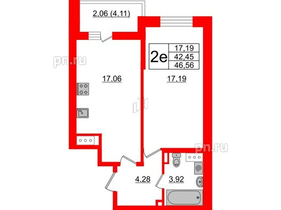 Квартира в ЖК «Черная Речка», 1 комнатная, 42.45 м², 11 этаж