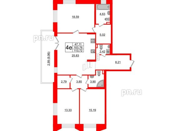 Квартира в ЖК «Черная Речка», 3 комнатная, 103.76 м², 2 этаж