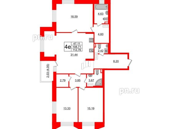 Квартира в ЖК «Черная Речка», 3 комнатная, 108.77 м², 14 этаж