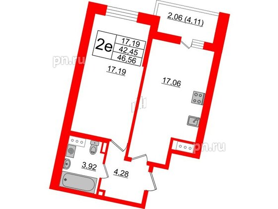 Квартира в ЖК «Черная Речка», 1 комнатная, 42.45 м², 12 этаж