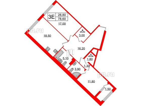 Квартира в ЖК Миръ, 2 комнатная, 78.6 м², 4 этаж