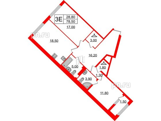 Квартира в ЖК Миръ, 2 комнатная, 78.5 м², 5 этаж