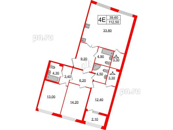 Квартира в ЖК Миръ, 3 комнатная, 112.3 м², 4 этаж