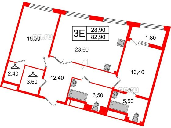 Квартира в ЖК Миръ, 2 комнатная, 82.9 м², 3 этаж