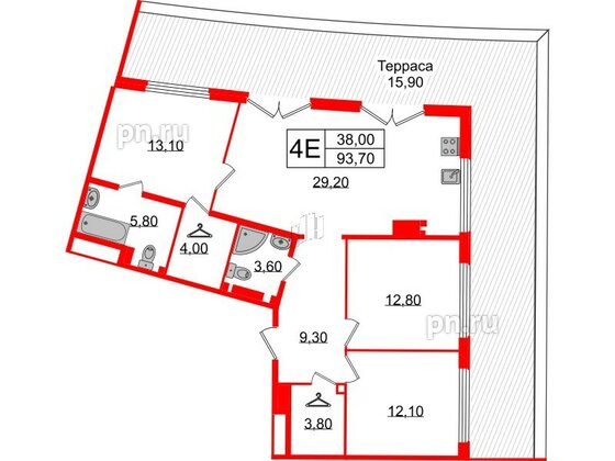 Квартира в ЖК Миръ, 3 комнатная, 93.7 м², 8 этаж