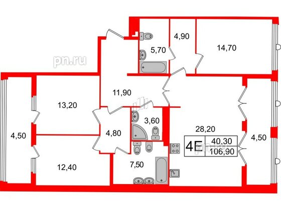 Квартира в ЖК Миръ, 3 комнатная, 106.9 м², 6 этаж