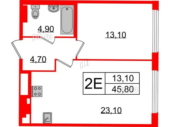 Квартира в ЖК Миръ, 1 комнатная, 45.8 м², 5 этаж