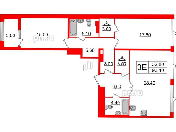 Квартира в ЖК Миръ, 2 комнатная, 93.4 м², 6 этаж